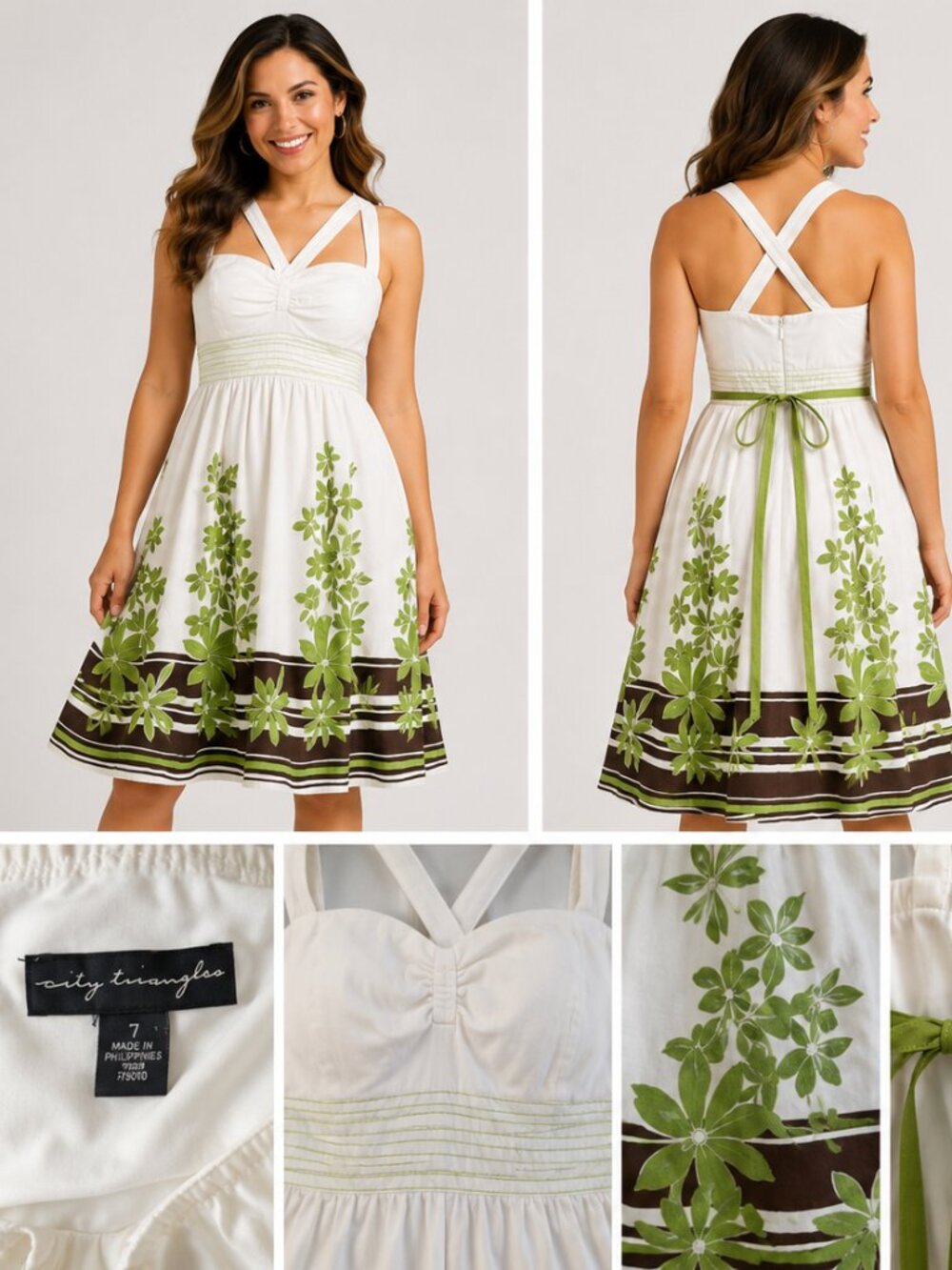 City Triangles y2kWhite Green Floral Halter Sundress Empire Waist Women's Size 7